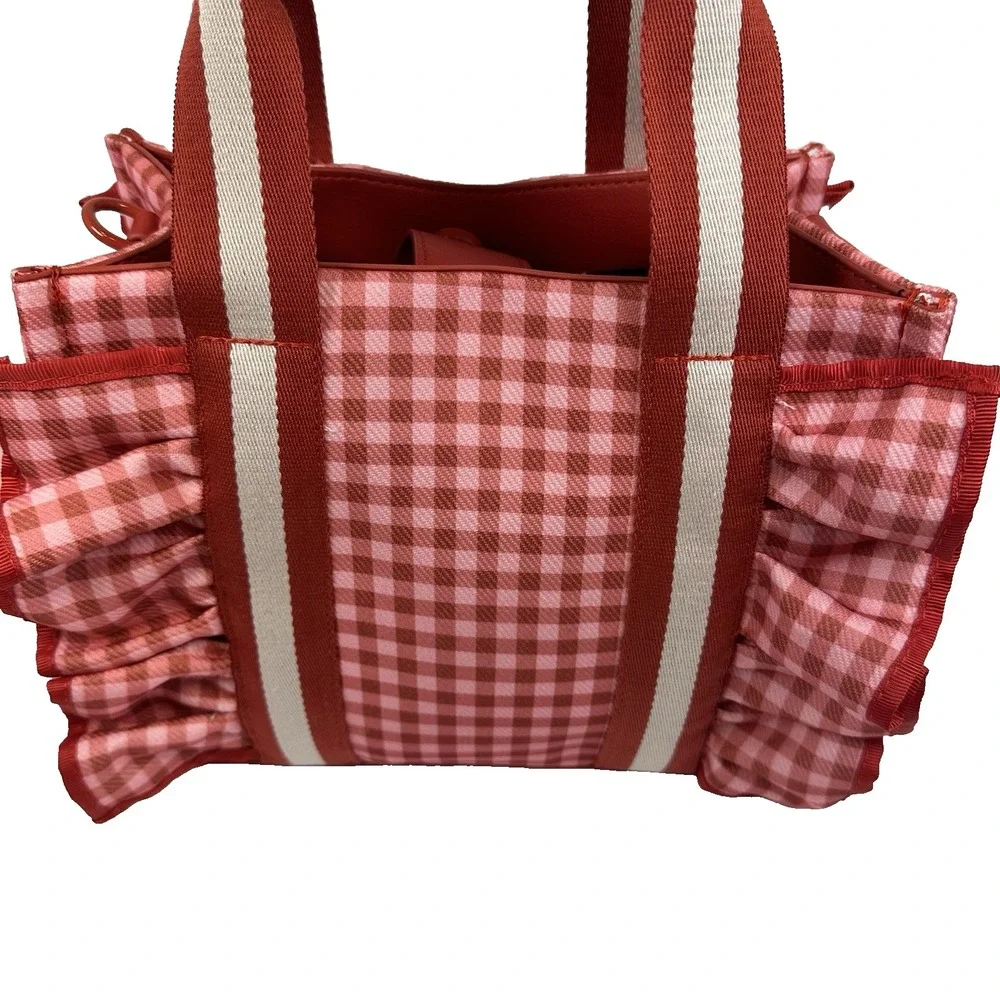 Betsey Johnson Pink Red Gingham LB Ruffle Tote Bag Heart Charm Crossbody NWT